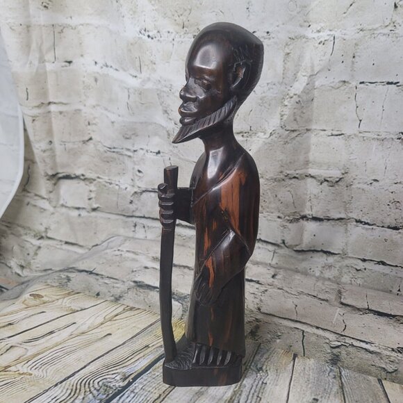 Vtg Asian Wood Carving Chinese Man w Staff Statue Figure Oriental Art Wood 12" - Picture 5 of 12